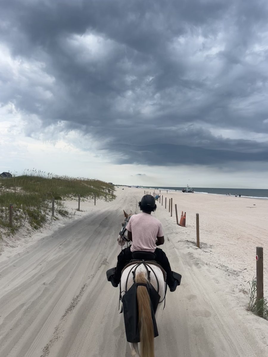 Person riding a horse on a sandy beach with cloudy skies above.