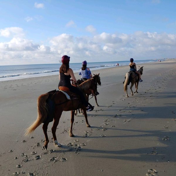 Three people riding horses on a sandy beach with ocean waves and footprints visible.